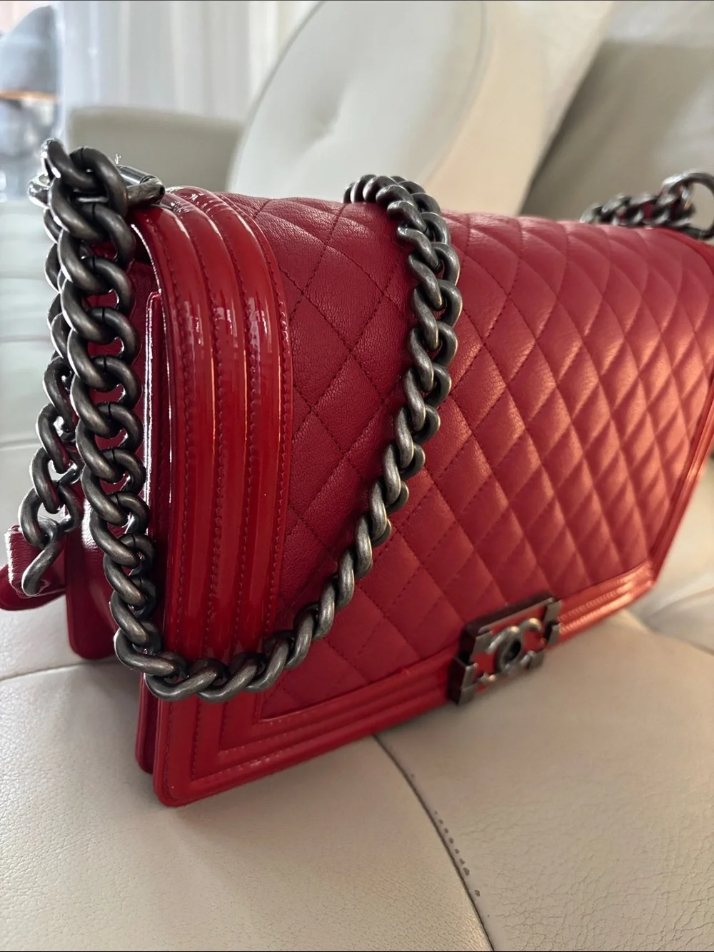 CHANEL Boy Red Quilted Leather Shoulder Bag with Chain Strap- Medium